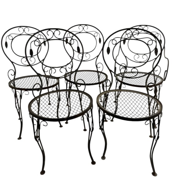 John Salterini Mid Century Wrought Iron Chairs: Set of Five John Salterini Mid Century Wrought Iron Chairs. Each measures approximately 35.25 inches in height, 17.25 inches in width and 21 inches in depth. Approximately 17 inches in height from