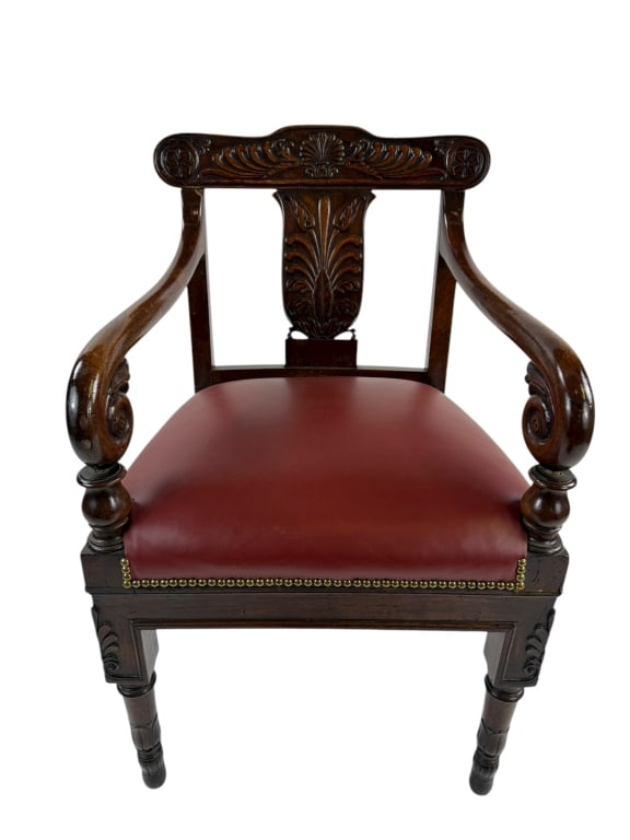 Antique Carved Anglo Indian Padouk Style Armchair: Antique Carved Anglo Indian Padouk Style Armchair. Hand carved hard wood frame and red leather upholstered seat. Measures 36 inches in height, 20.5 inches in width and 21 inches in depth. Measures