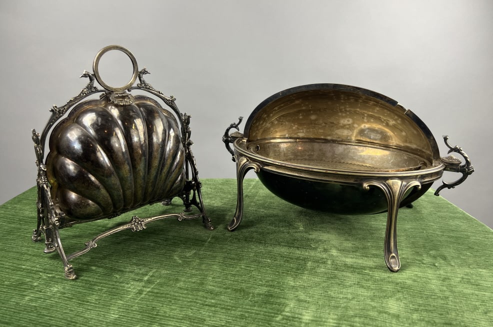 Two Antique 19th C Silver Plate Serving Pieces: Two Antique 19th C Silver Plate Serving Pieces. Domed tureen with revolving lid on stand measures 15 inches in width, second piece measures 8 inches in width.