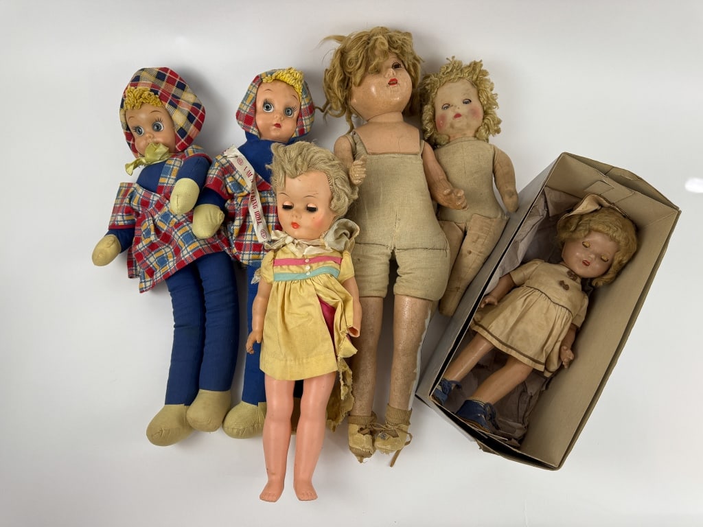 Antique & Vintage Dolls Including Shirley Temple: Collection of Antique & Vintage Dolls Including Shirley Temple. Collection of six dolls including those made by Ideal. Four appear to be in original clothing and one in its original box. Tallest measu