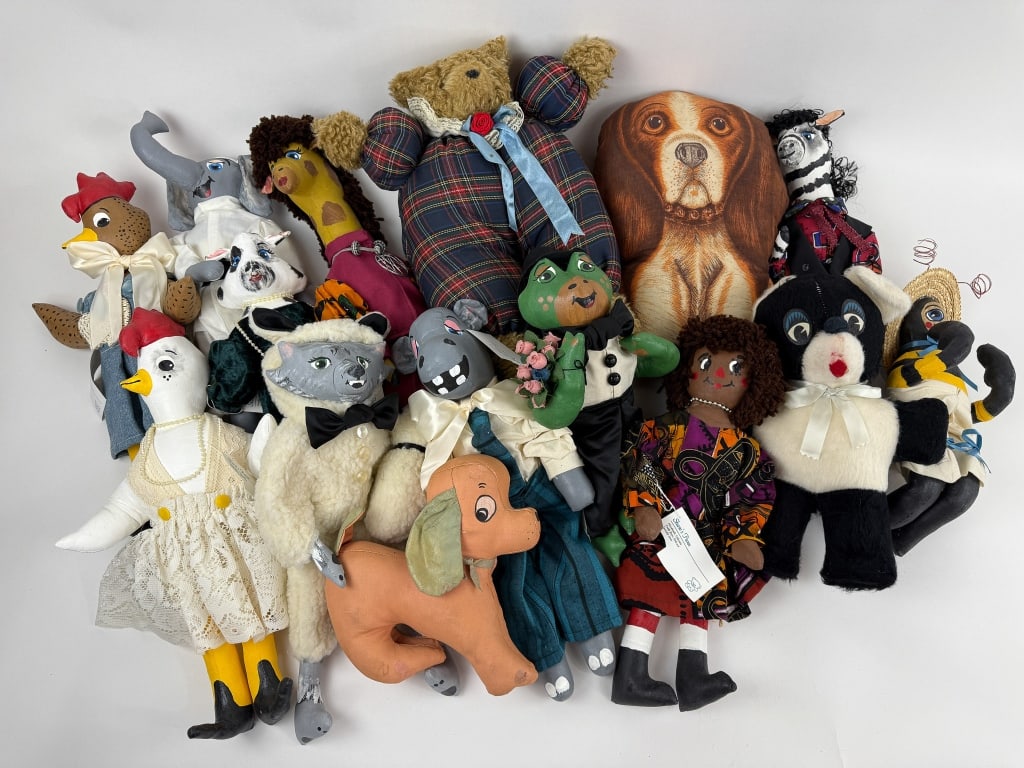 Collection of Shaw's Paws Rag Doll Stuffed Animals: Collection of Shaw's Paws Rag Doll Stuffed Animals. Many of the dolls are signed and dated, made by Diane Shaw. These are hand made and hand painted. Largest measures approximately 21 inches in