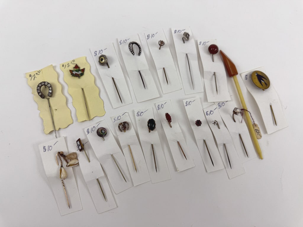 Collection of Antique & Vintage Stick Pins: Collection of Antique & Vintage Stick Pins. Victorian 19th Century and early 20th Century. Gold filled, costume jewelry, etc. One with hand painted enamel of a sparrow bird.
