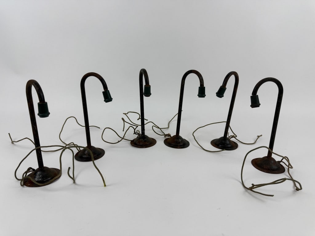 Collection of Antique Painted Metal Train Lights: Collection of Antique Painted Metal Train Lights. Miniature street lamps. Each measures 8.5 inches in height.