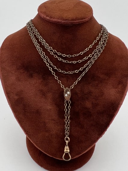 Antique 19th C 10k Gold Slide Watch Chain Necklace: Antique 19th C 10k Gold Slide Watch Chain Necklace. Antique 19th C Victorian era guard chain / watch chain necklace with gold filled curb link chain and dog clip for pocket watch / pendant / charms. C