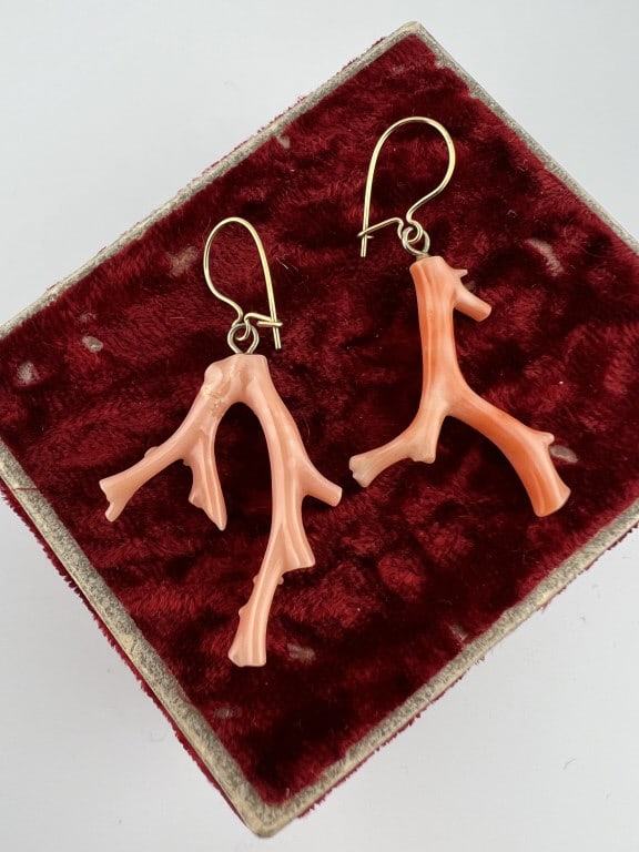 Estate Pair of 14kt Gold & Coral Pendant Earrings (1 of 8)