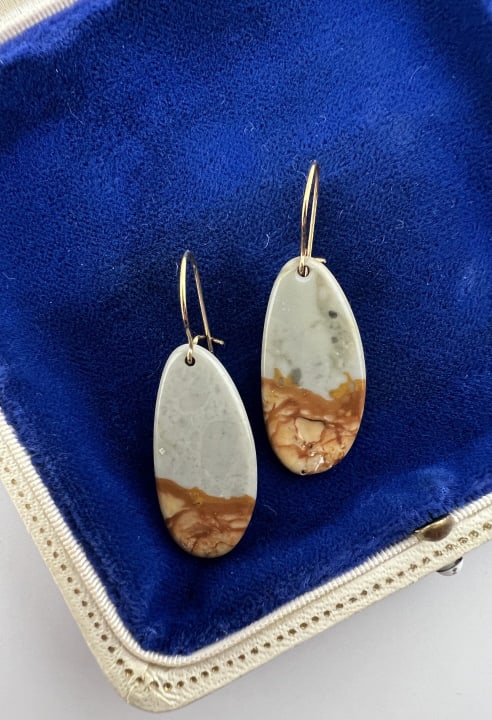 Pair 14kt Yellow Gold & Landscape Jasper Earrings: Pair 14kt Yellow Gold & Landscape Jasper Earrings. Ear wires are hallmarked 14k. Each measures just over 1.5 inches in length.