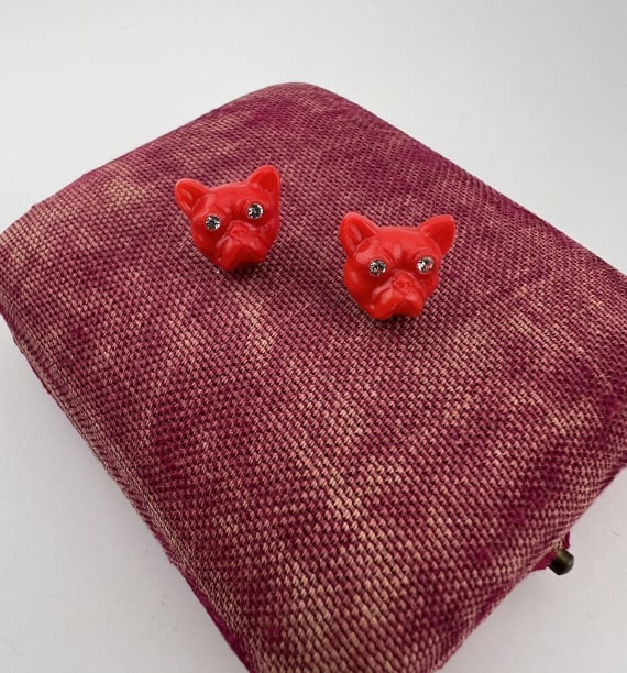 Pair 14kt Yellow Gold Bull Dog Motif Stud Earrings: Pair 14kt Yellow Gold Bull Dog Motif Stud Earrings. The bull dog heads resemble Czech glass of the 1920-30s but are unmarked, posts are stamped 14K. Rhinestone eyes. Each measures 1/2 an inch in width