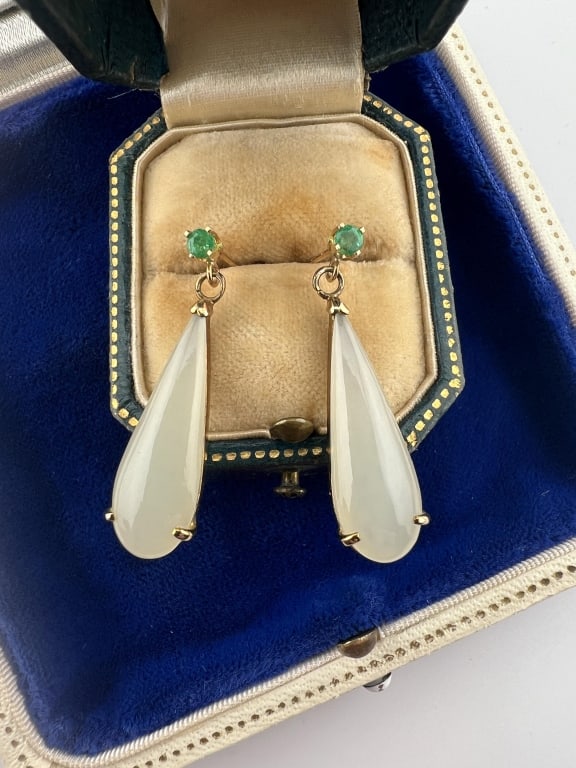 Estate 14k Gold & Emerald Earrings w Drop Pendants: Pair of Estate 14k Gold & Emerald Earrings w Drop Pendants. Having emeralds set in 14kt yellow gold with drop pendants. Pendants are gold plated over silver settings. Each measures just over 1.25 inch