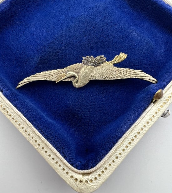 Antique Japanese Shakudo Figural Crane Brooch (1 of 7)