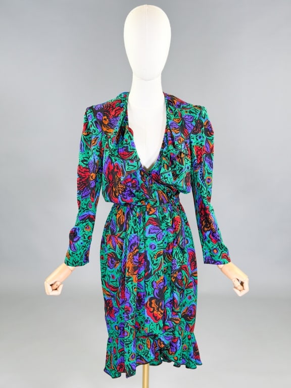 Vintage 1980s Yves Saint Laurent Silk Wrap Dress: Vintage 1980s Yves Saint Laurent Rive Gauche Silk Wrap Dress having hook closures at waist. Marked size 38. Measuring 36 inch bust, 26 inch waist, 44 inches long, 22 inch sleeve length.
