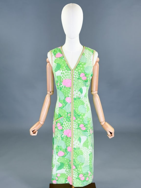 Vintage 1960s Lilly Pulitzer The Lilly Shift Dress: Vintage 1960s Lilly Pulitzer The Lilly Shift Dress having center back zip closure and front patch pocket. Measuring 38 inch bust, 32 inch waist, 41 inches long. General wear as shown throughout.