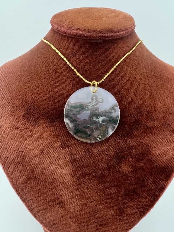 Antique Dendritic Agate Disc Necklace Pendant: Antique Dendritic Agate Disc Necklace Pendant on Gilt Metal Chain. Pendant measures 1.25 inches in diameter, chain measures approximately 15.5 inches in length.