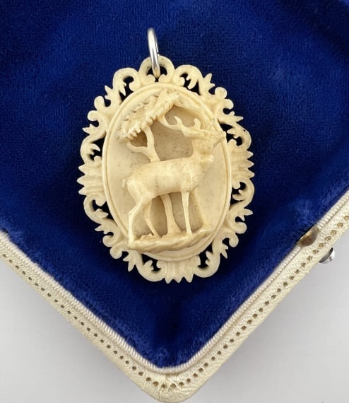 Antique 19th C Hand Carved Bone Deer Motif Pendant (1 of 6)
