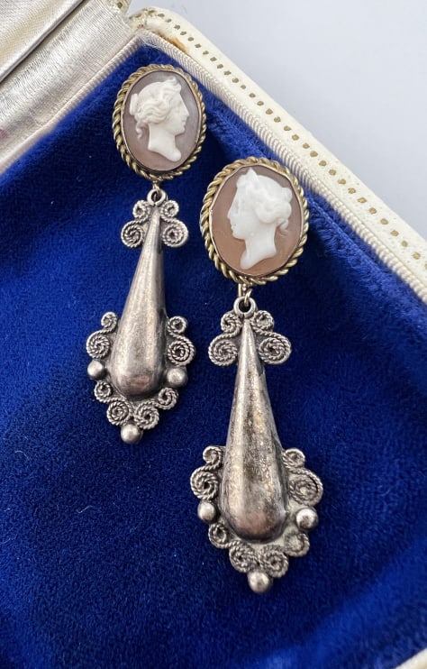 Antique Italian Cameo Earrings w Sterling Drops (1 of 7)