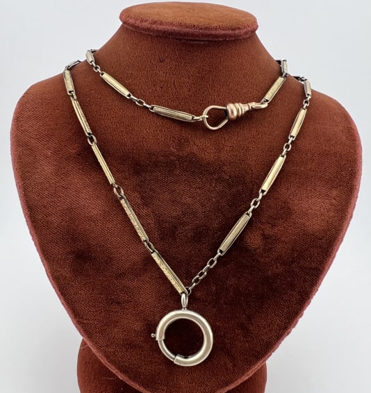 Antique Gold Fill Watch Chain Necklace Spring Ring: Antique Gold Filled Watch Chain Necklace w Large Spring Ring for Pendant / Charms. Dog clip clasp. Measures 23 inches in length.