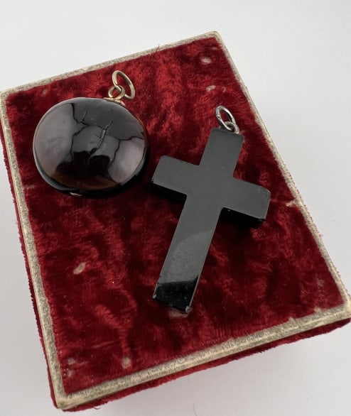 Antique 19th C Fob Pendants - Whitby Jet & Sea Nut