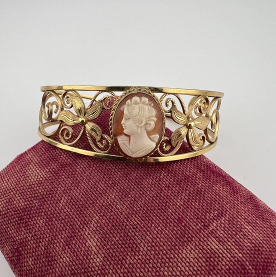 Antique Yellow Gold Filled & Cameo Cuff Bracelet (1 of 7)