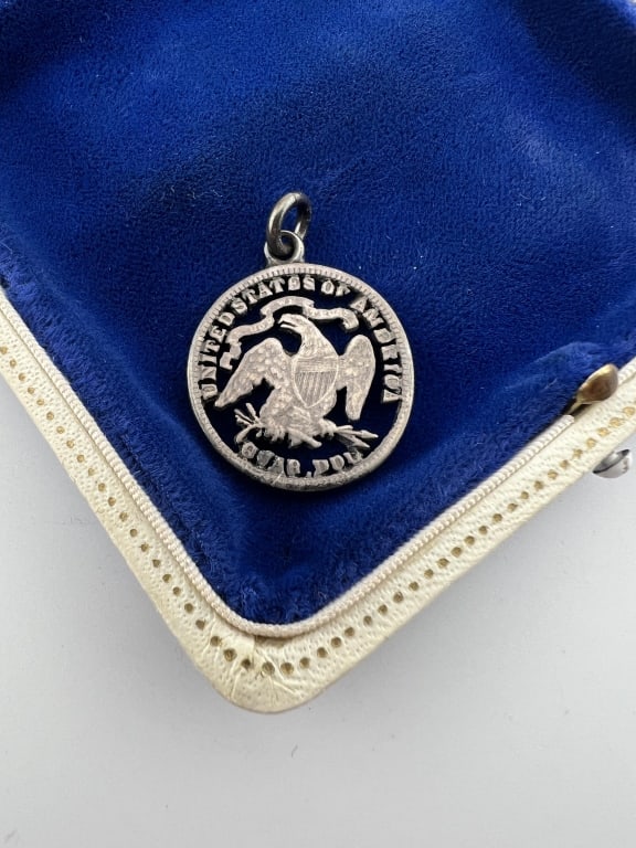 Antique Silver Lover Token Cut Out Quarter Pendant: Antique Silver Lover's Token Cut Out Quarter Pendant. Necklace pendant / watch chain fob or charm. Measures 1.25 inches in length.