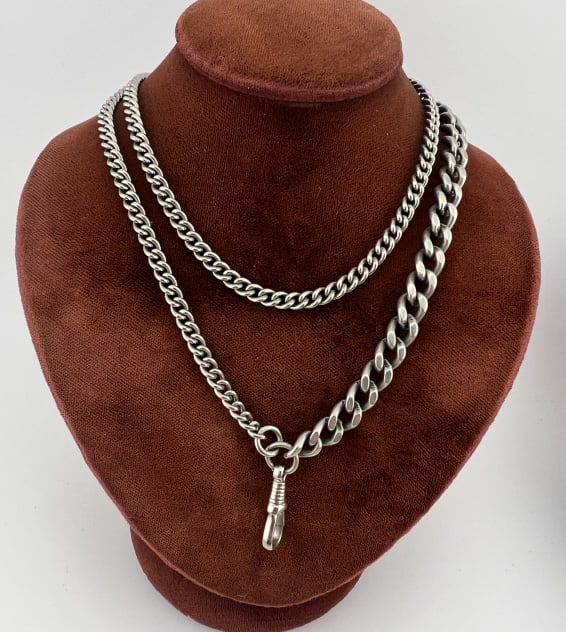 Antique Curb Link Watch Chain Necklace w Dog Clip