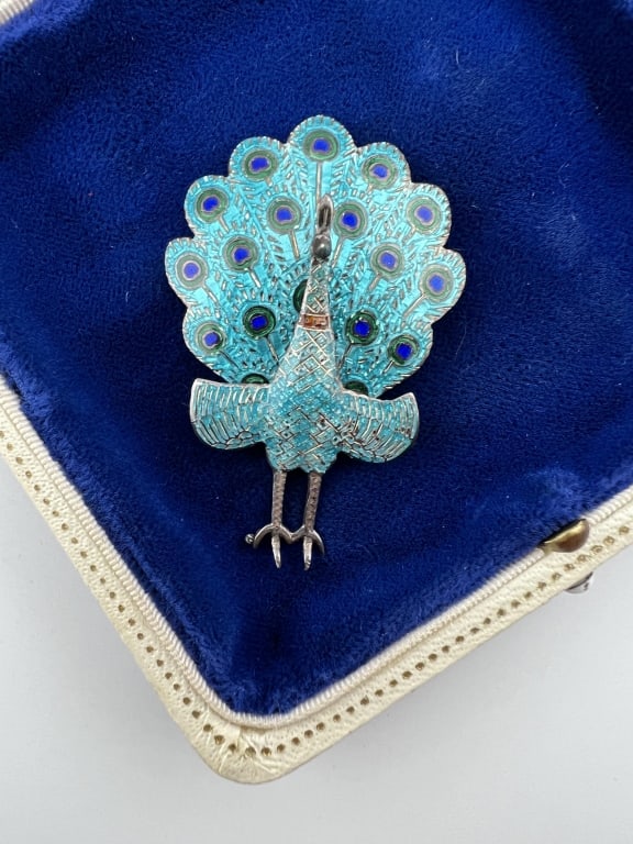 Antique Entremblant Sterling Enamel Peacock Brooch (1 of 5)