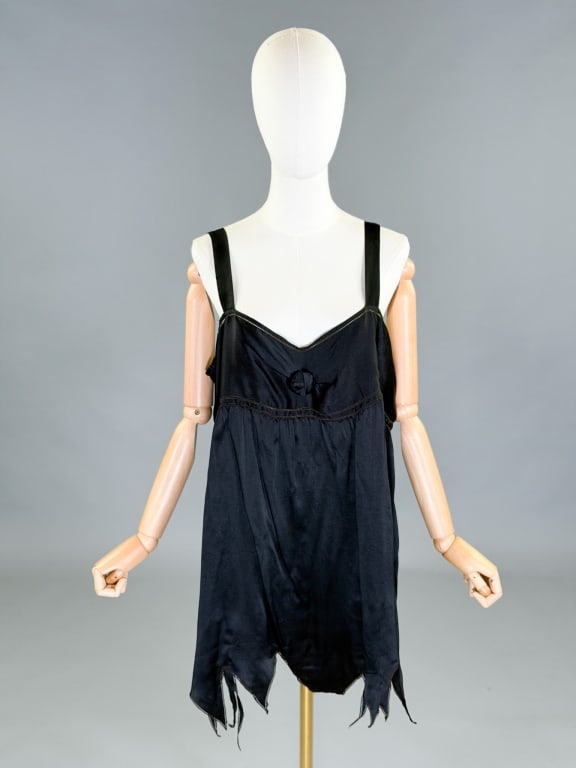 Antique 1920s Silk Satin Teddy Step In Romper: Antique 1920s Silk Satin Teddy Step In Romper having no closures. Measuring 42 inch bust, 42 inch waist, 35 inches long. General wear as shown throughout.