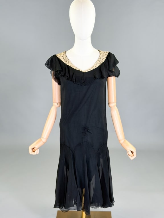 Vintage 1930s Silk Chiffon Lace Dress: Vintage 1930s Silk Chiffon Lace Dress having no closures, slides over head with lace detail at back. Measuring 36 inch bust, 34 inch waist, 44 inches long. General wear as shown throughout.