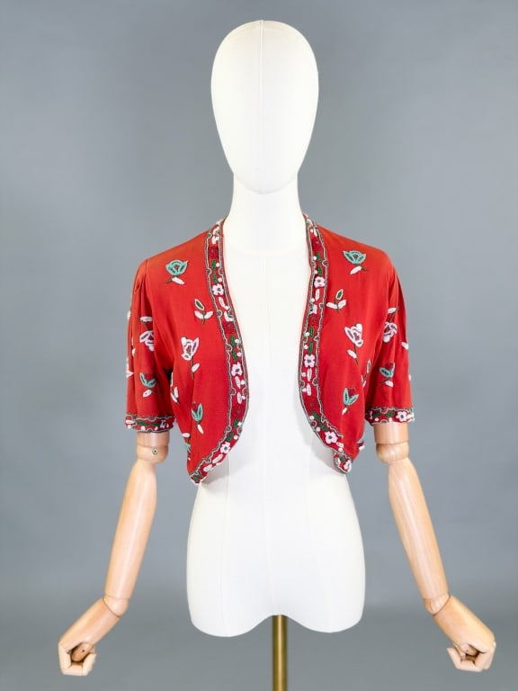 Vintage 1930s Crepe Floral Beaded Bolero Jacket (1 of 9)