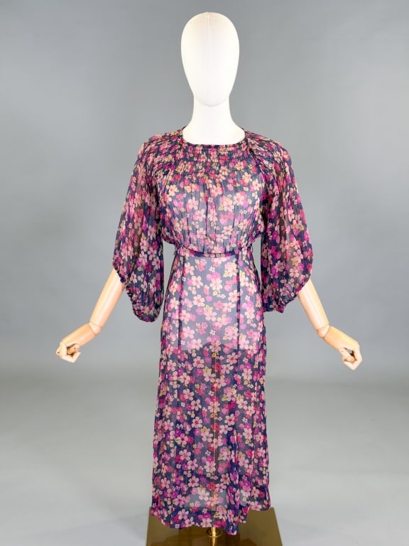 Vintage 1930s Floral Chiffon Dress: Vintage 1930s Floral Chiffon Dress having smocked neck and shoulders with side snap closure and balloon sleeves. Measuring 32-40 inch bust, 26-32 inch waist, 44 inches long, 14 inch sleeve length. Gen