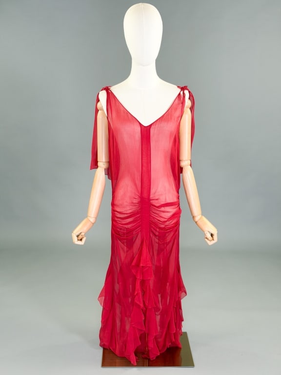 Vintage 1930s Silk Chiffon Ruched Dress: Vintage 1930s Silk Chiffon Ruched Dress having ruched and ruffled details throughout. Measuring 32-40 inch bust, 28-36 inch waist, 48 inches long. General wear as shown throughout.