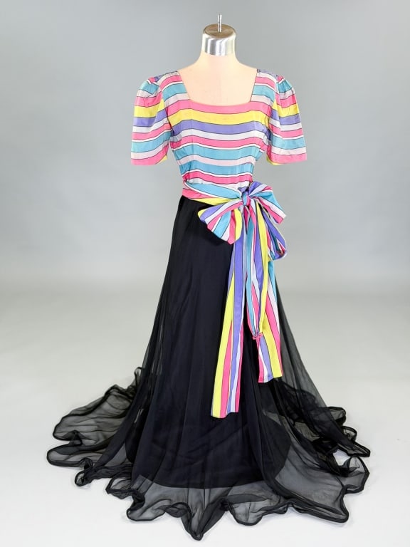 Vintage 1940s Rainbow Stripe Chiffon Evening Gown: Vintage 1940s Rainbow Stripe Chiffon Evening Gown having side zip closure and belt at waist. Measuring 33 inch bust, 26 inch waist, 54 inches long, 10 inch sleeve length. General wear as shown through