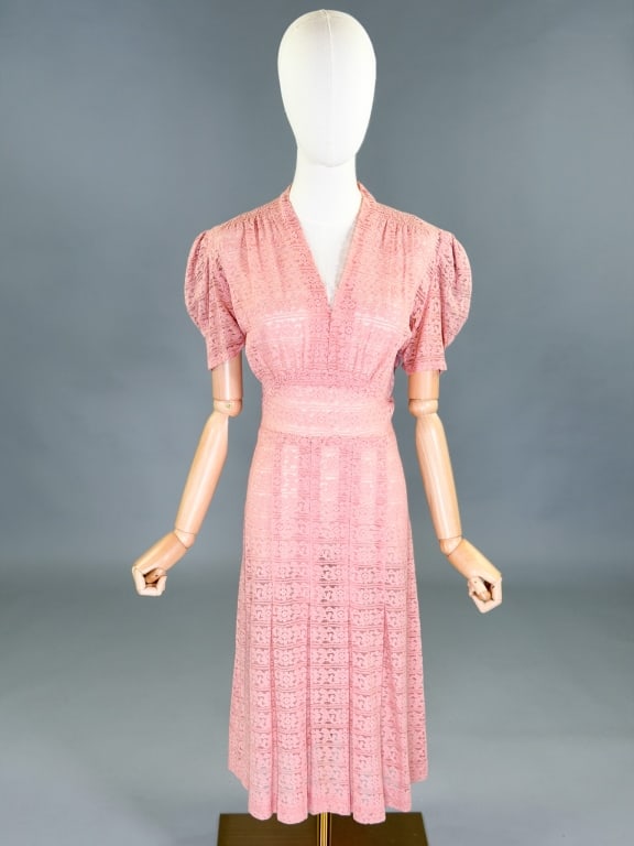 Vintage 1940s Floral Stripe Lace Day Dress: Vintage 1940s Floral Stripe Lace Day Dress having no closures, slides over head. Measuring 40 inch bust, 34 inch waist, 43 inches long, 10 inch sleeve length. General wear as shown throughout.