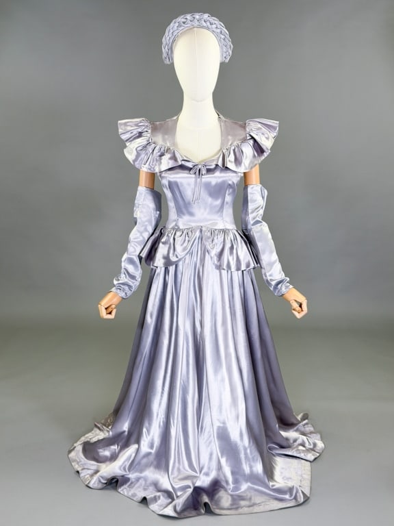 Vintage 1940s Rayon Satin Party Dress Set: Vintage 1940s Rayon Satin Party Dress Set having center back zip closure, peplum at waist and ruffled yoke at shoulders. Comes with matching crown and gloves. Measuring 34 inch bust, 26 inch waist, 54