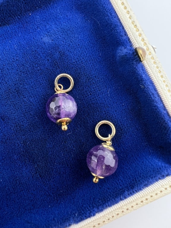 Pair Gold Over Sterling & Faceted Amethyst Charms: Pair Gold Over Sterling & Faceted Amethyst Charms. Gold over sterling silver, briolette faceted amethyst, hallmarked 925 and Italy. Each measures just over .75 of an inch in length.