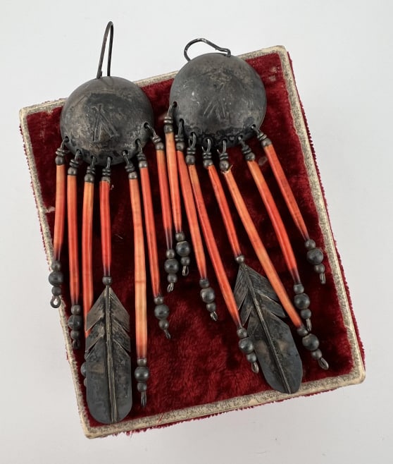 Native American Silver & Coral Fringe Earrings: Pair of Vintage Native American Silver & Coral Fringe Earrings. Each measures 3.25 inches in length.