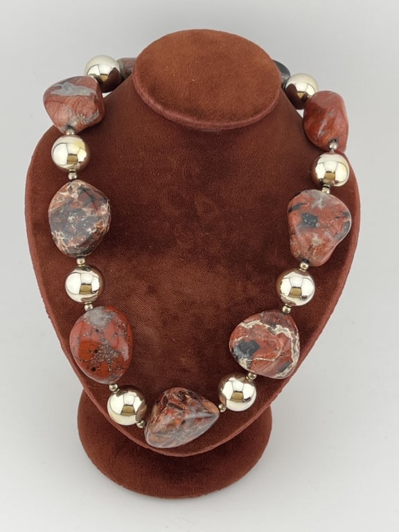 Native American Red Jasper Beaded Necklace: Native American Red Jasper Beaded Necklace Strand. Necklace set with large scale tumbled red jasper beads. Measures approximately 17 inches in length.