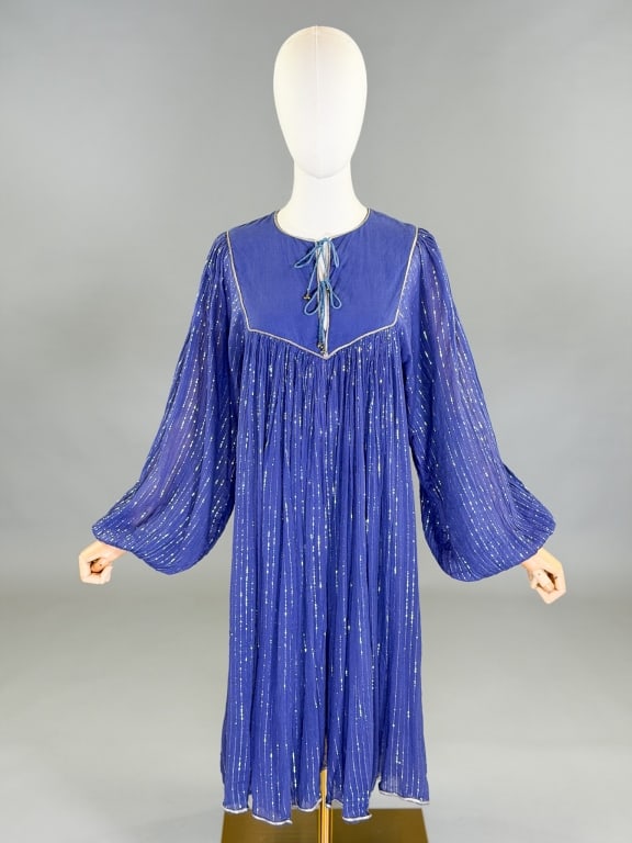 Vintage 1960s Cotton Lame Stripe Boho Tent Dress: Vintage 1960s Cotton Lame Stripe Boho Tent Dress having tie closures at neck. Marked size Small. Measuring 34-40 inch bust, free waist, 41 inches long, 25 inch sleeve length. General wear as shown thr
