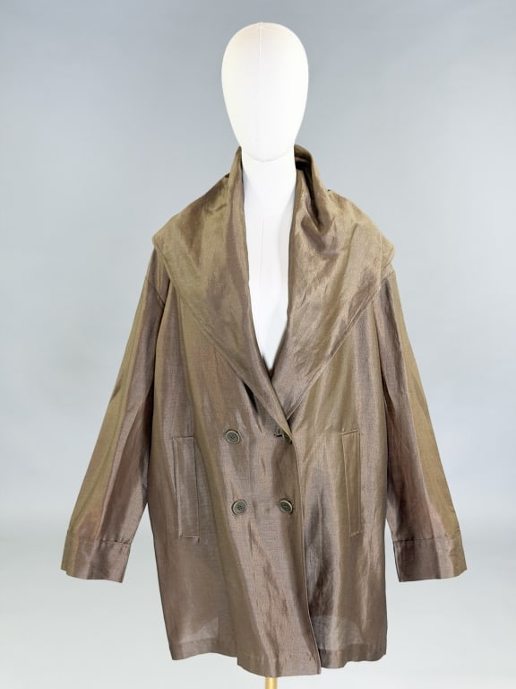 Vintage 1980s Romeo Gigli Silk Shawl Collar Jacket: Vintage 1980s Romeo Gigli Silk Shawl Collar Jacket having double breasted button front closure. Marked size 42. Measuring 50 inch bust, 50 inch waist, 33 inches long, 22 inch sleeve length.