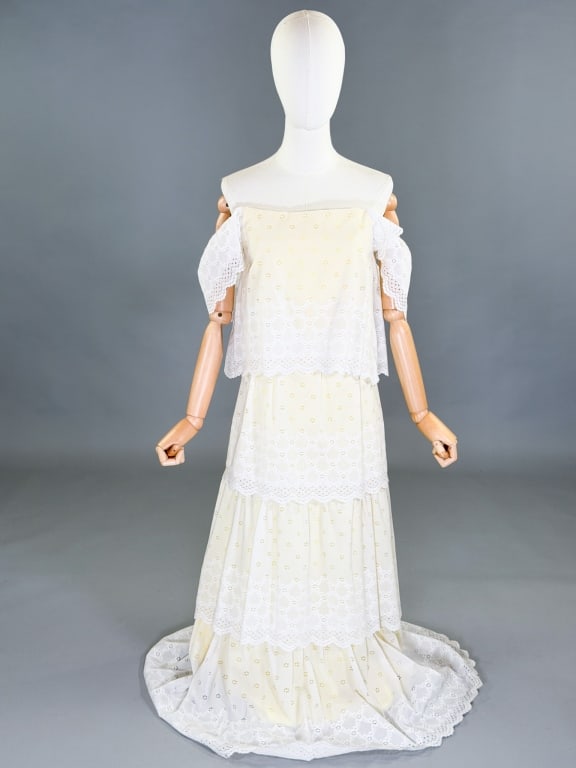 Vintage 1970s Lace Tiered Ruffled Maxi Dress: Vintage 1970s Lace Tiered Ruffled Maxi Dress having back zip closure. Measuring 34 inch bust, 26 inch waist, 60 inches long, 6 inch sleeve length. General wear as shown throughout.