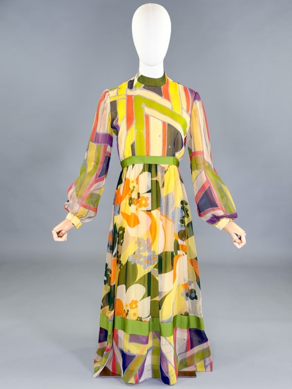 Vintage 1970s Mod Chiffon Floral Maxi Dress: Vintage 1970s Mod Chiffon Floral Maxi Dress having back zip closure. Measuring 36 inch bust, 28 inch waist, 48 inches long, 24 inch sleeve length. General wear as shown throughout.