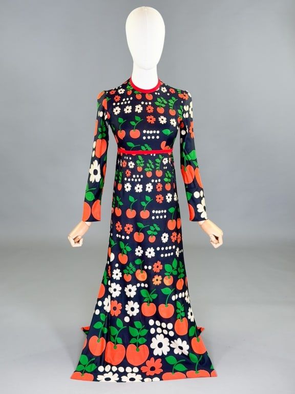 Vintage 1970s Lanz Fruit Print Knit Maxi Dress: Vintage 1970s Lanz Fruit Print Knit Maxi Dress having back zip closure and empire waistline. Measuring 32 inch bust, 26 inch waist, 52 inches long, 22 inch sleeve length. General wear as shown through