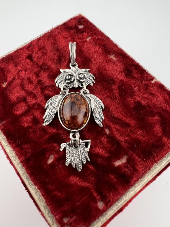 Sterling Silver & Amber Owl Motif Necklace Pendant: Sterling Silver & Amber Owl Motif Necklace Pendant. Articulated design. Hallmarked on the bail. Measures 1.75 inches in length.