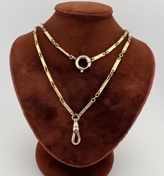 Watch Chain Necklace w Dog Clip & Spring Ring: Watch Chain Necklace w Dog Clip & Spring Ring. Gold filled or plated, two chains in similar design. Dog clip for pocket watch / pendant or charms and spring ring clasp. Measures approximately 25
