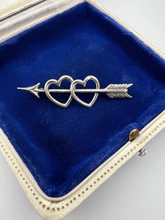 Vintage Sterling Double Heart & Cupid Arrow Brooch (1 of 5)