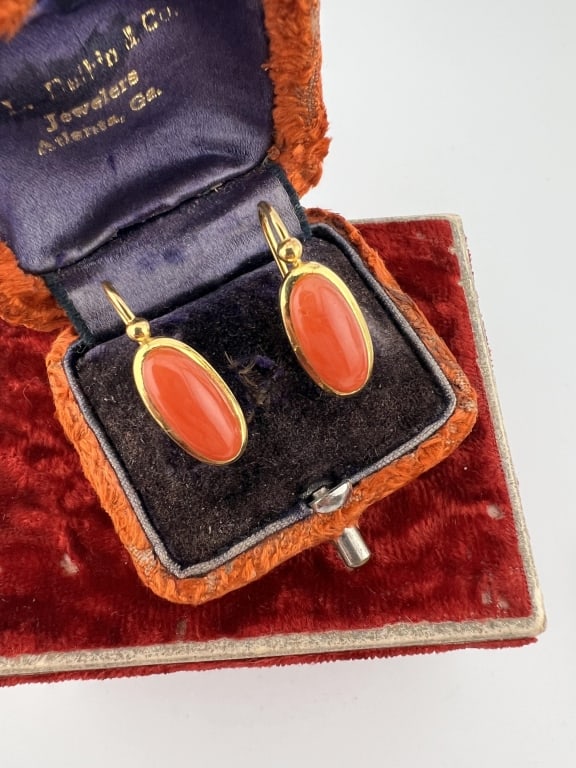 Gold Over 800 Silver Earrings w Coral Cabochons (1 of 6)