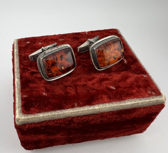 Pair Sterling Silver & Amber Cabochon Cuff Links (1 of 6)