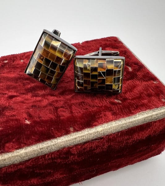 Pair Sterling Mosaic Amber Cabochon Cuff Links (1 of 5)