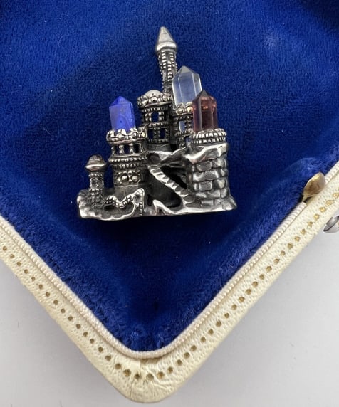 Artisan Sterling & Gemstone Castle Motif Pendant: Artisan Sterling & Gemstone Castle Motif Pendant. Unique necklace pendant made in sterling silver designed as a castle with gemstones or crystals mounted in the towers including lapis lazuli. Measures