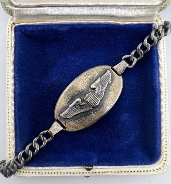 Antique WWII Era Sterling Silver Airforce Bracelet: Antique WWII Era Sterling Silver Airforce Bracelet. Back of central panel hallmarked, clasp hallmarked. Measures approximately 7 inches in length. Weighs approximately 27.5 grams