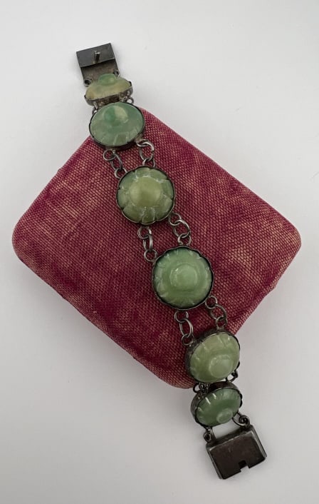 Antique Carved Soapstone Mexico Panel Bracelet: Antique Carved Soapstone Mexico Panel Bracelet. Carved onyx or soapstone articulated panel bracelet, Marked MEXICO on the clasp, does not test for sterling, possibly lower grade silver? Measures appro