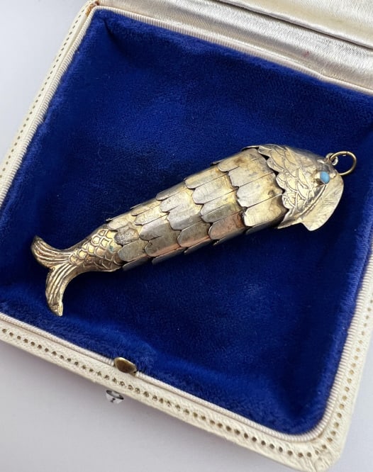 Vintage Chinese Articulated Koi Fish Pendant Charm: Vintage Chinese Articulated Koi Fish Pendant Charm. Turquoise tone cabochon eyes. Measures approximately 3.25 inches in length.